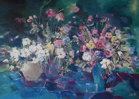 Stilleven met bloemen geschilderd door Loes Loe-sei Beks